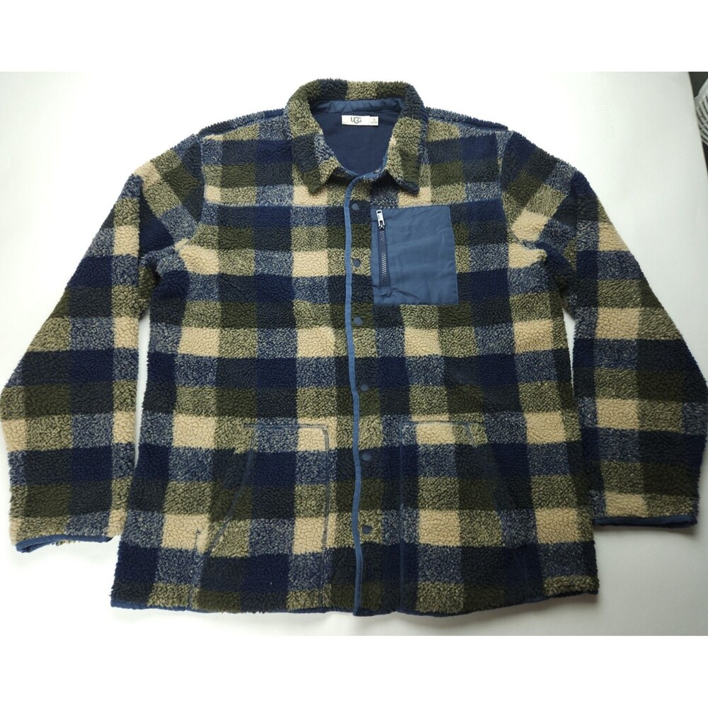 XL Ugg Keefe Plaid Sherpa Fleece Jacket Mens Plaid Deep Pile Snap Button